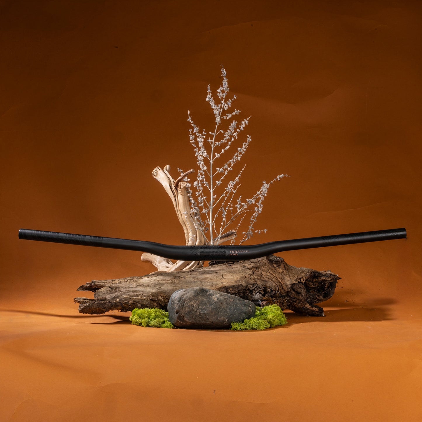 Decorative arrangement with branches, rocks, and Lytho Carbon Bar on an orange background