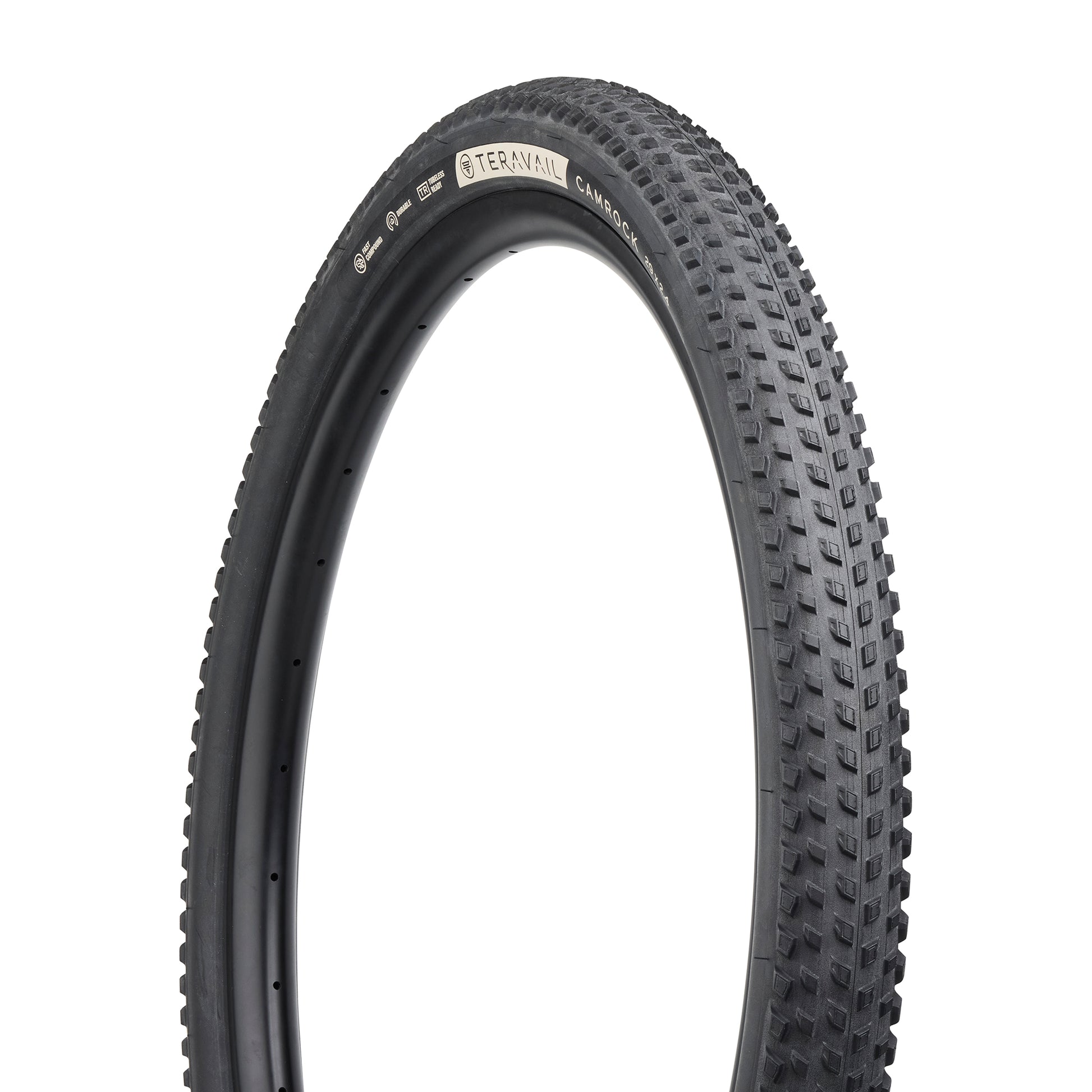 Teravail Camrock Tire black sidewall three-quarter view showing tread and sidewall