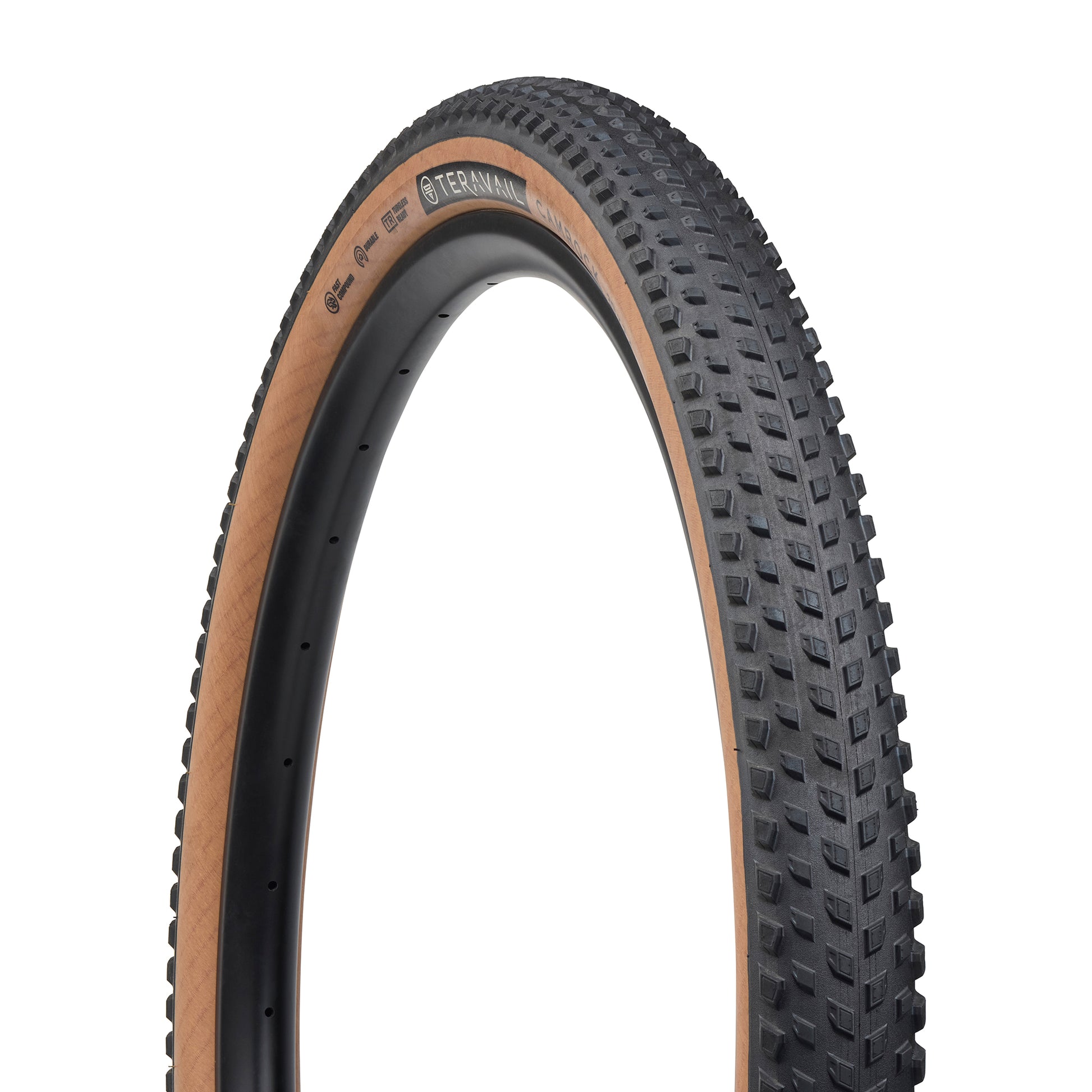 Teravail Camrock Tire tan sidewall three-quarter view showing tread and sidewall