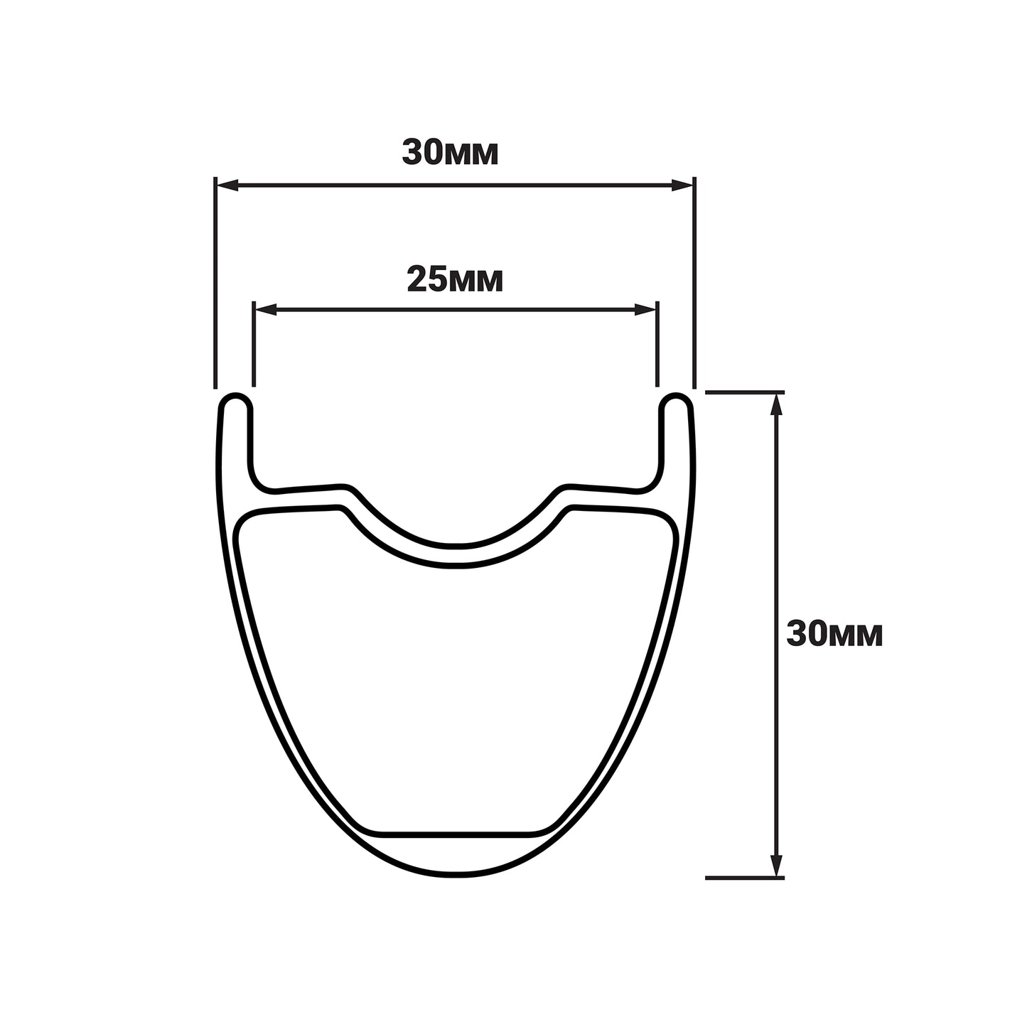Teravail Circos Carbon Gravel Rim cross-section showing internal width of 25mm, external width of 30mm, and depth of 30mm