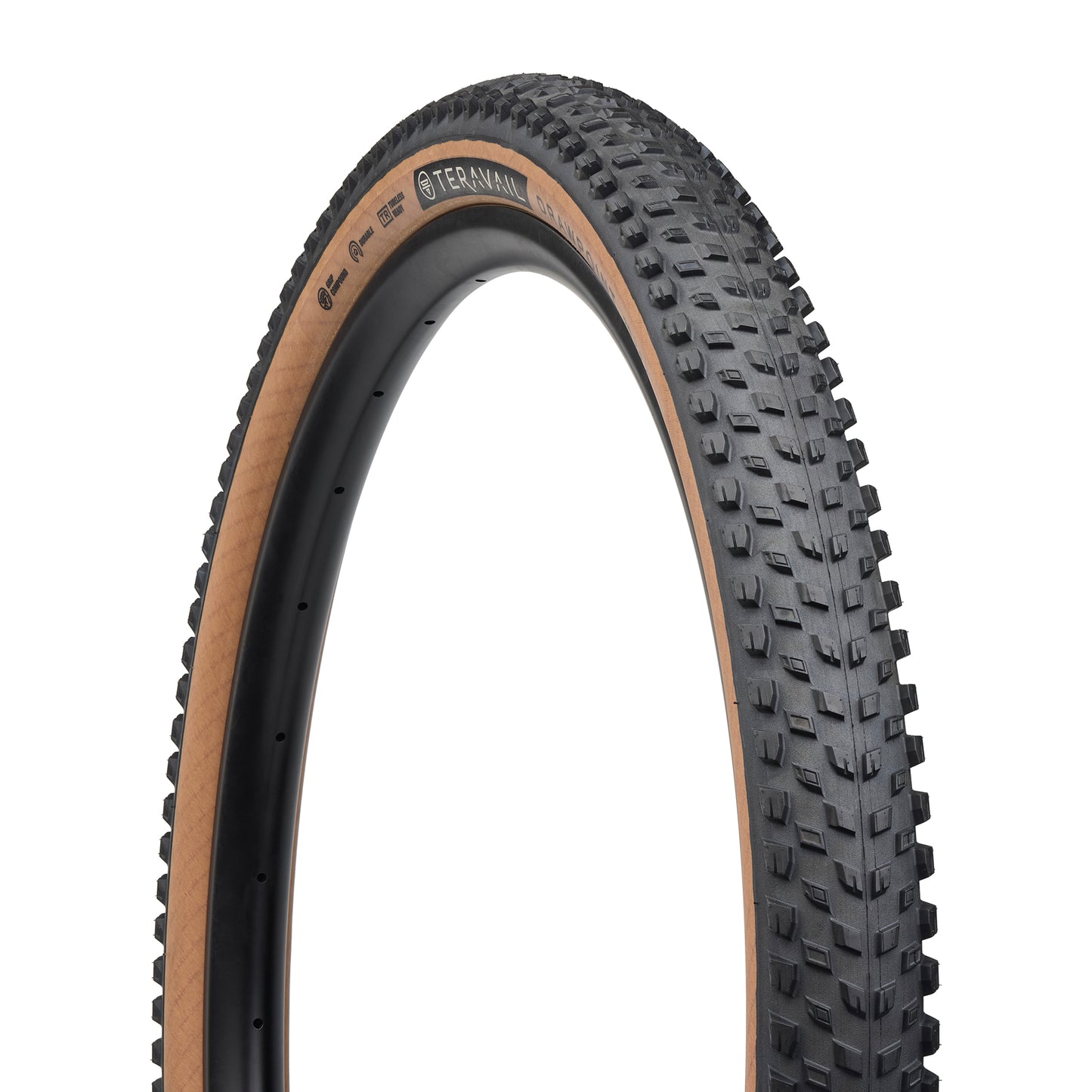Teravail Drawpoint Tire tan sidewall three-quarter view showing tread and sidewall