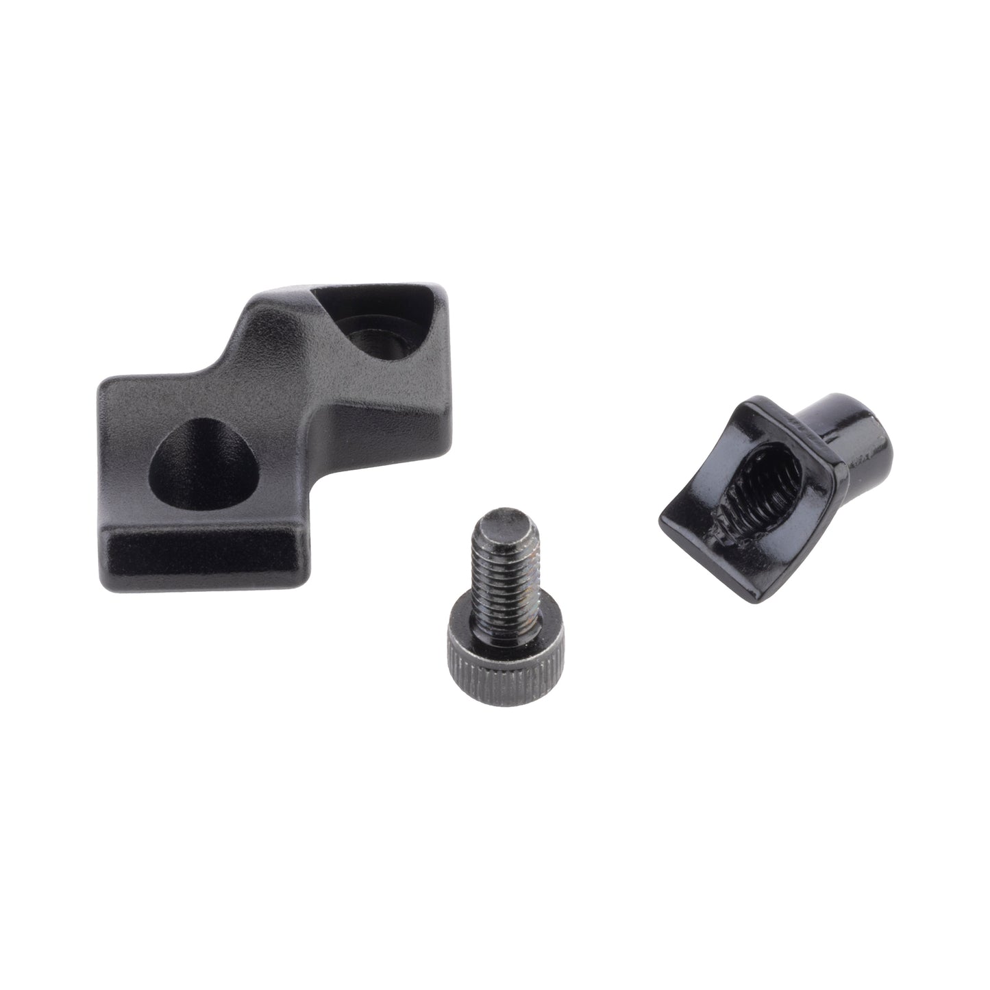 Three black metal components on a white background