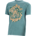 Teal t-shirt with a bicycle graphic and text on a white background
