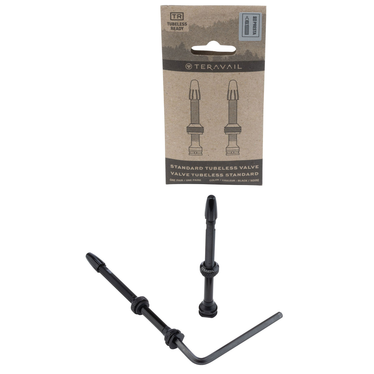 Two black Teravail tubeless valve stems 80mm length shown below their original retail packaging on a plain white background.