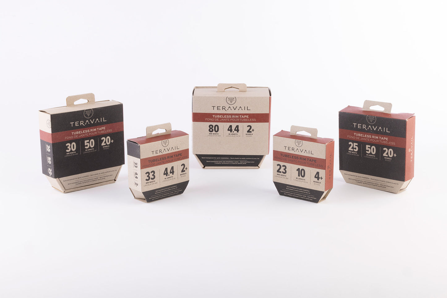 Five Teravail bicycle tire packaging boxes on a white background