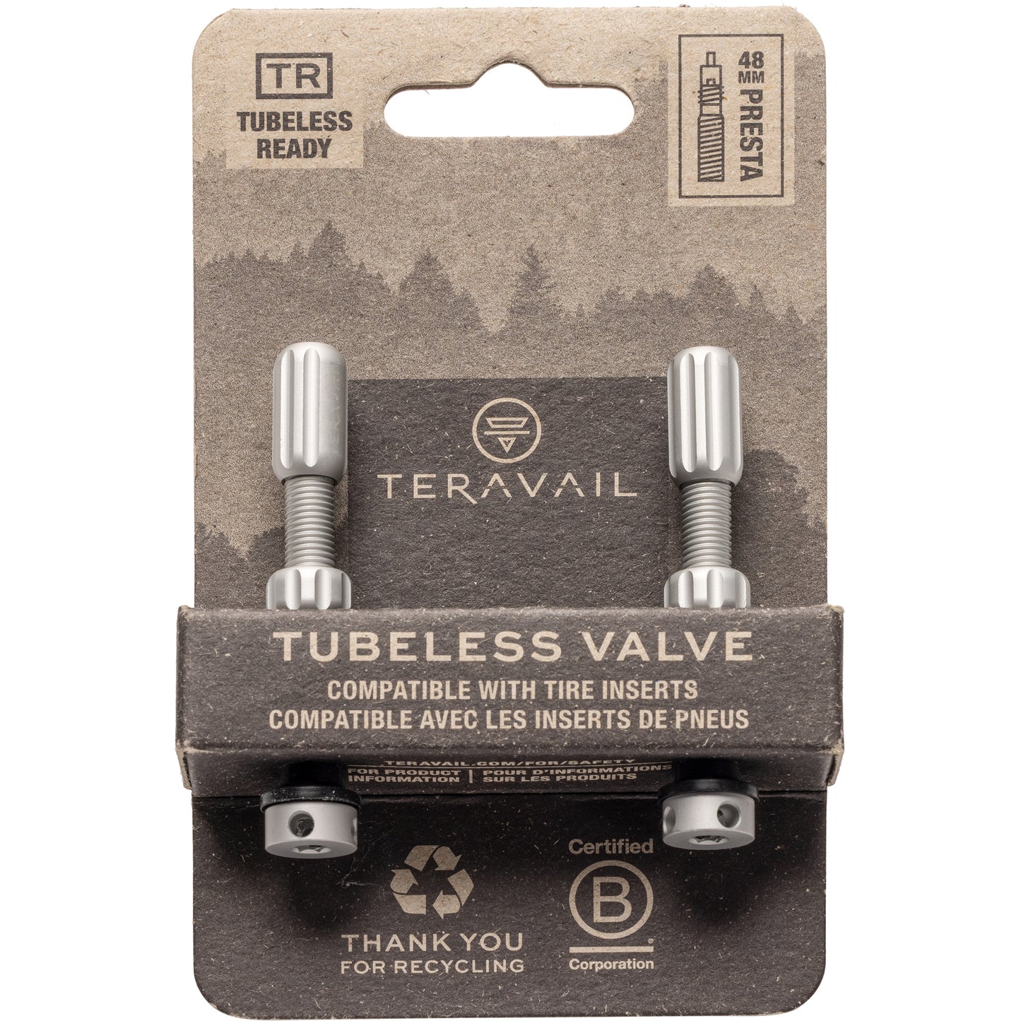 Teravail tubeless valve set on a cardboard packaging with a forest design.