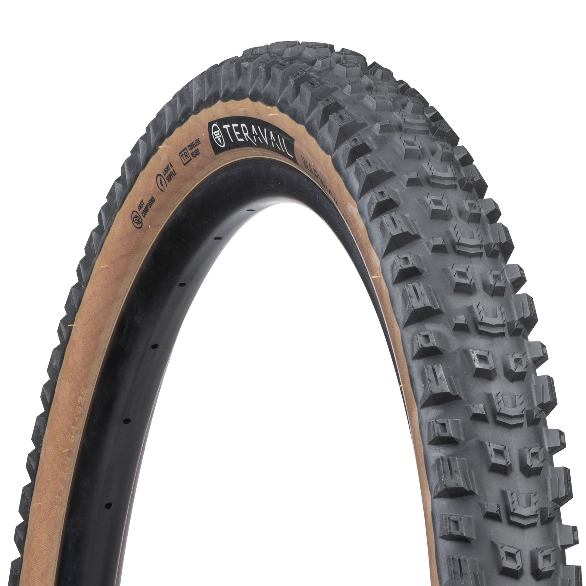 Teravail Warwick tire three-quarter view showing tan sidewall