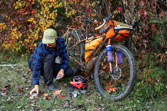 Person with a bicycle in an autumnal forest setting