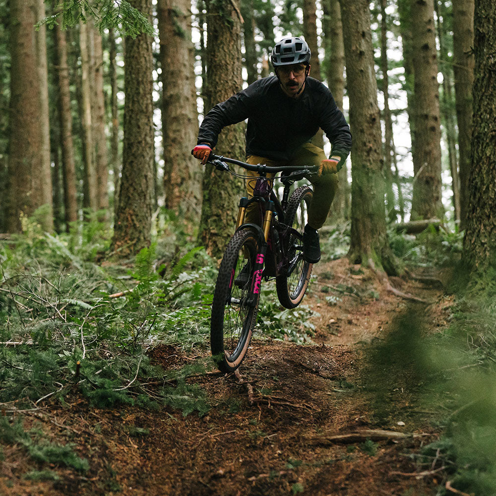 Mountain biker on forest trail