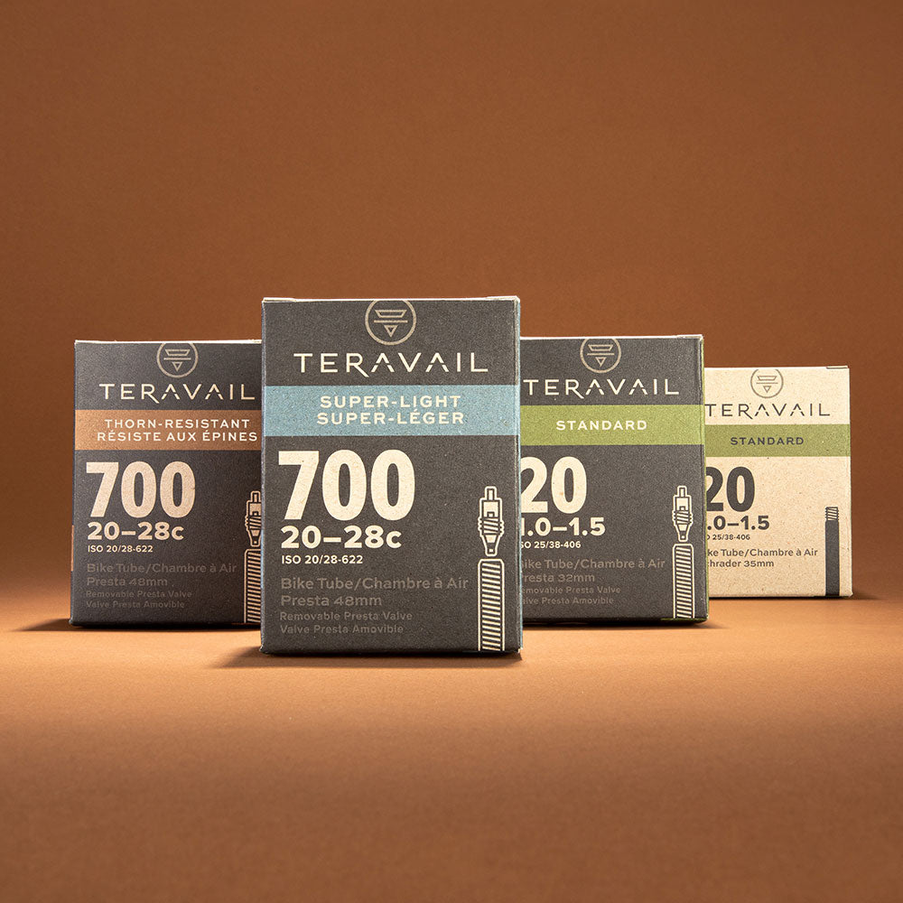 Teravail bicycle tubes in packaging based on size and valve type