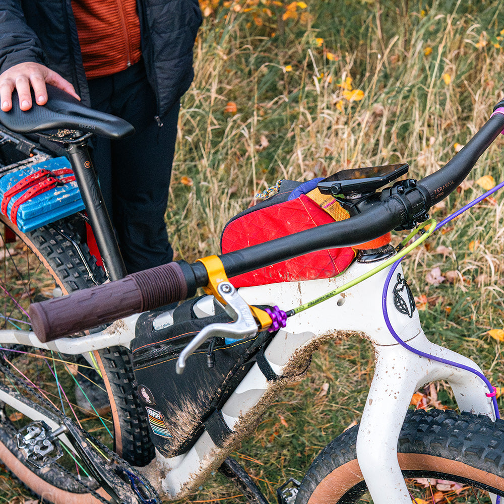 Person holding bicycle focus on handlebar and stem