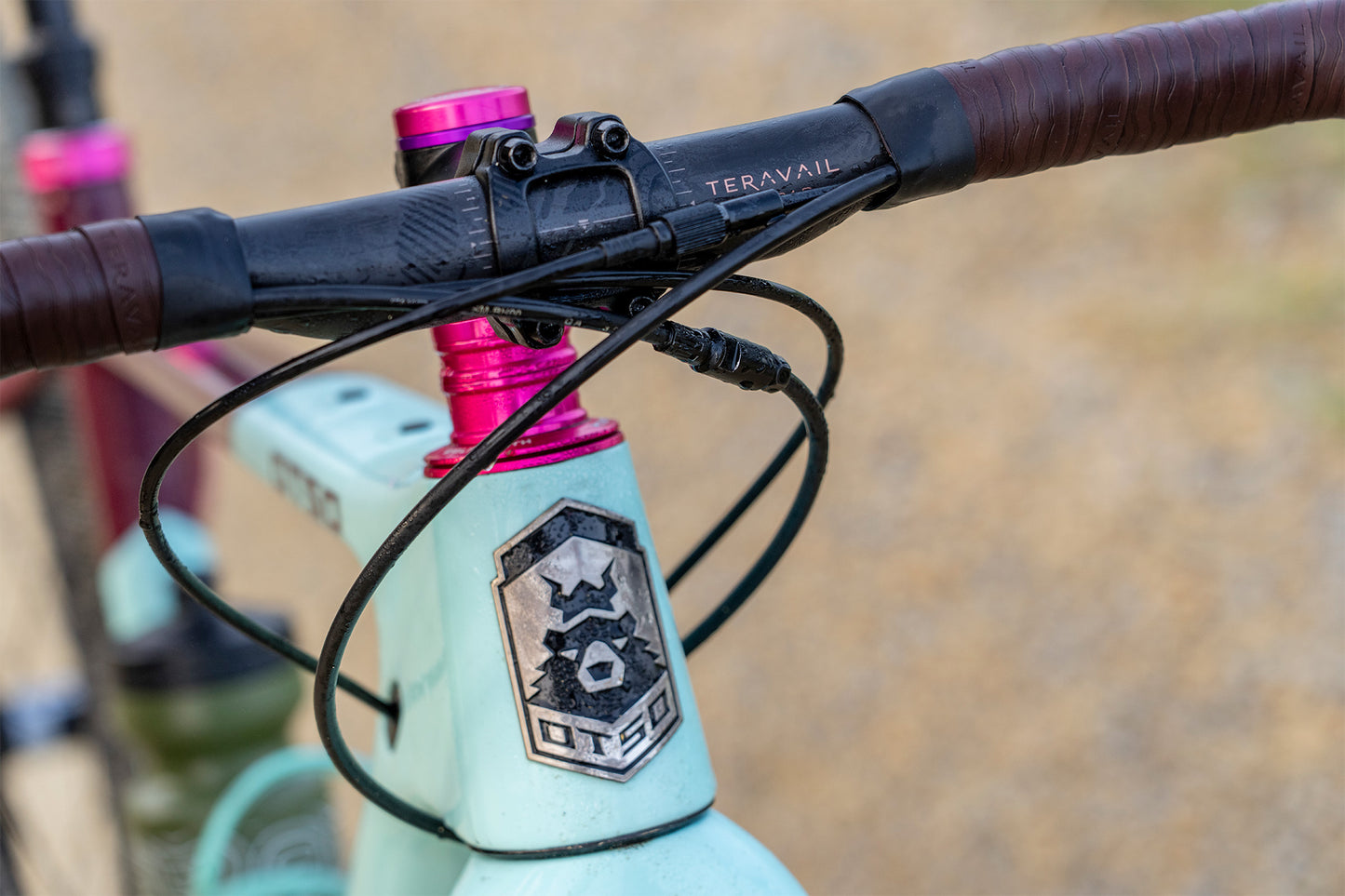 Close-up of a bicycle handlebar with 'Teraavail' brand on a blurred background