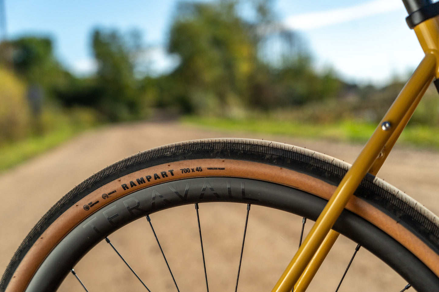 Close-up of a bicycle tire with 'Rampart' branding on a blurred natural background