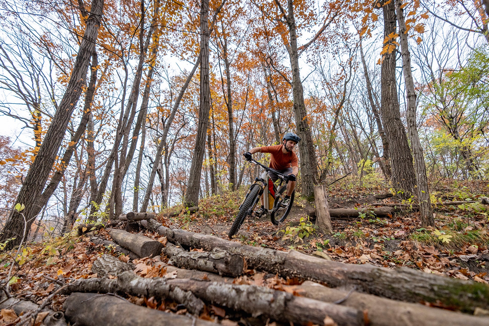 Person mountain biking through a forest with autumn foliage