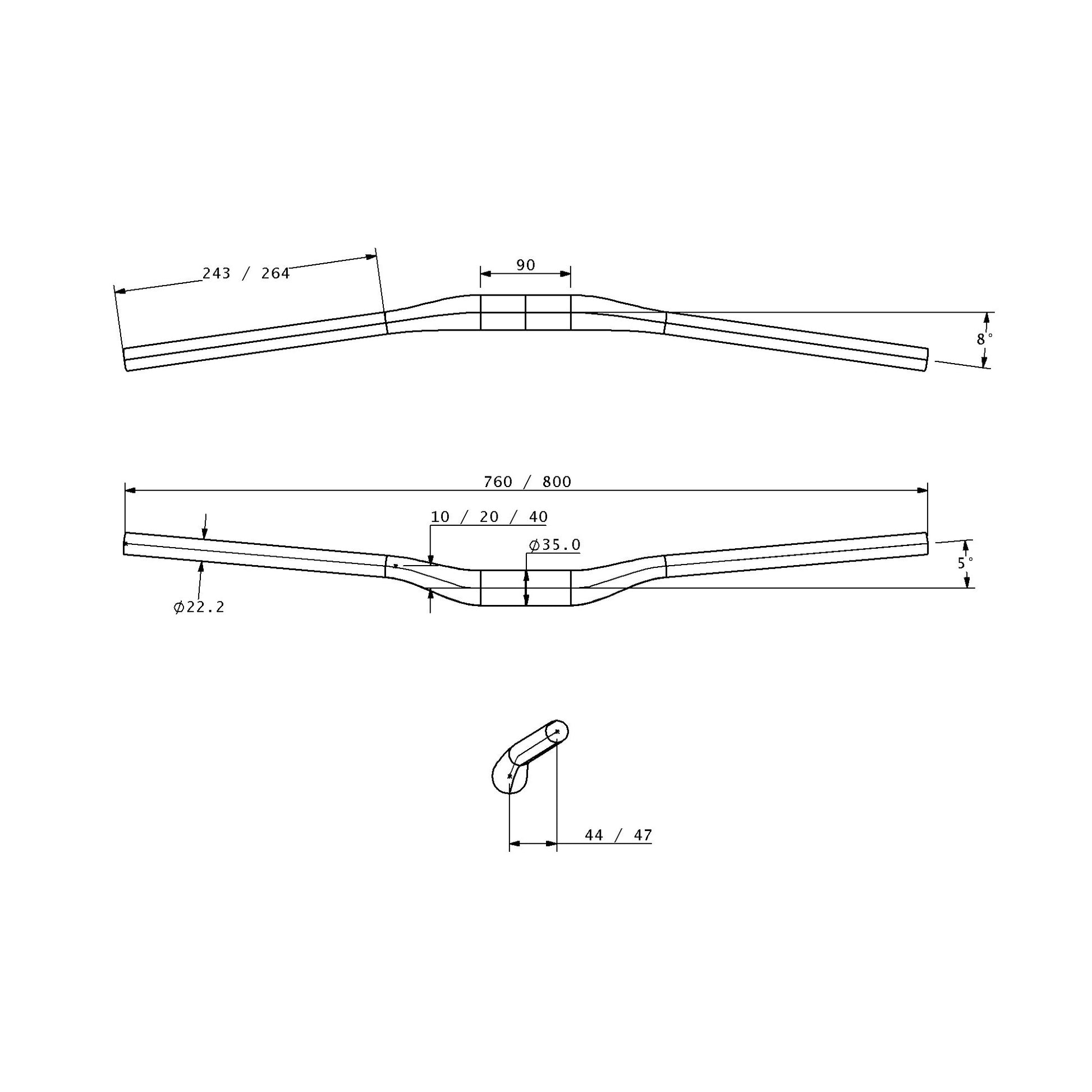 Technical drawing of Mantle Carbon Bar with measurements on white background