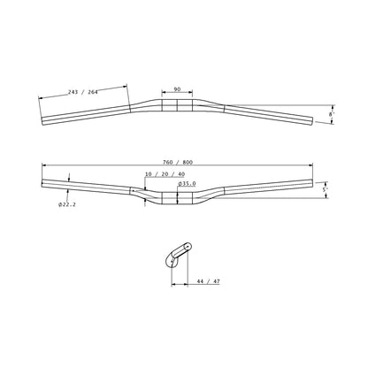Technical drawing of Mantle Carbon Bar with measurements on white background