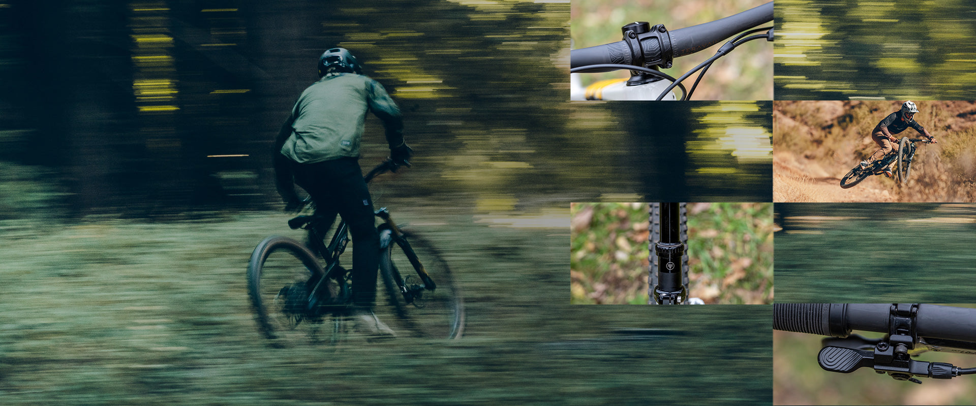 Biker on a trail with close-up details of bike components.