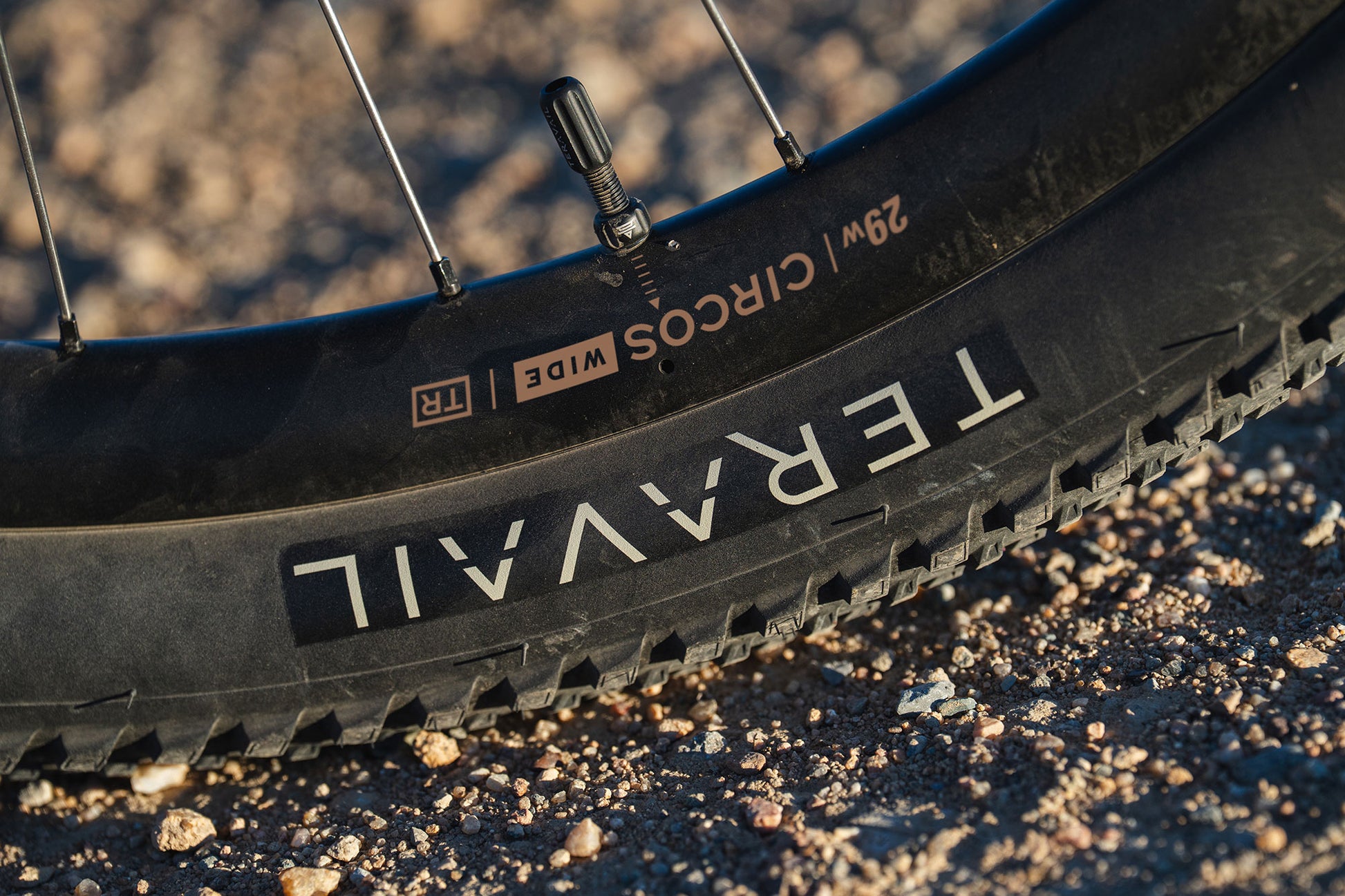 Close-up of a black bicycle tire with visible tread, valve stem, and sidewall branding reading TERAVAIL and CIRCOS WIDE, photographed outdoors on gravel.