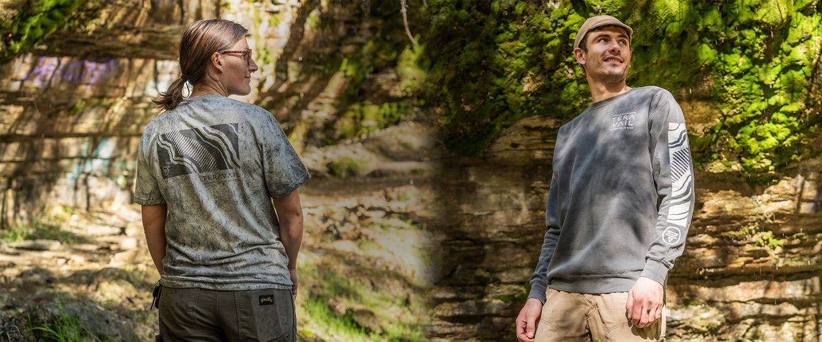 Split image of two people wearing Teravail casual wear outdoors against rocky background