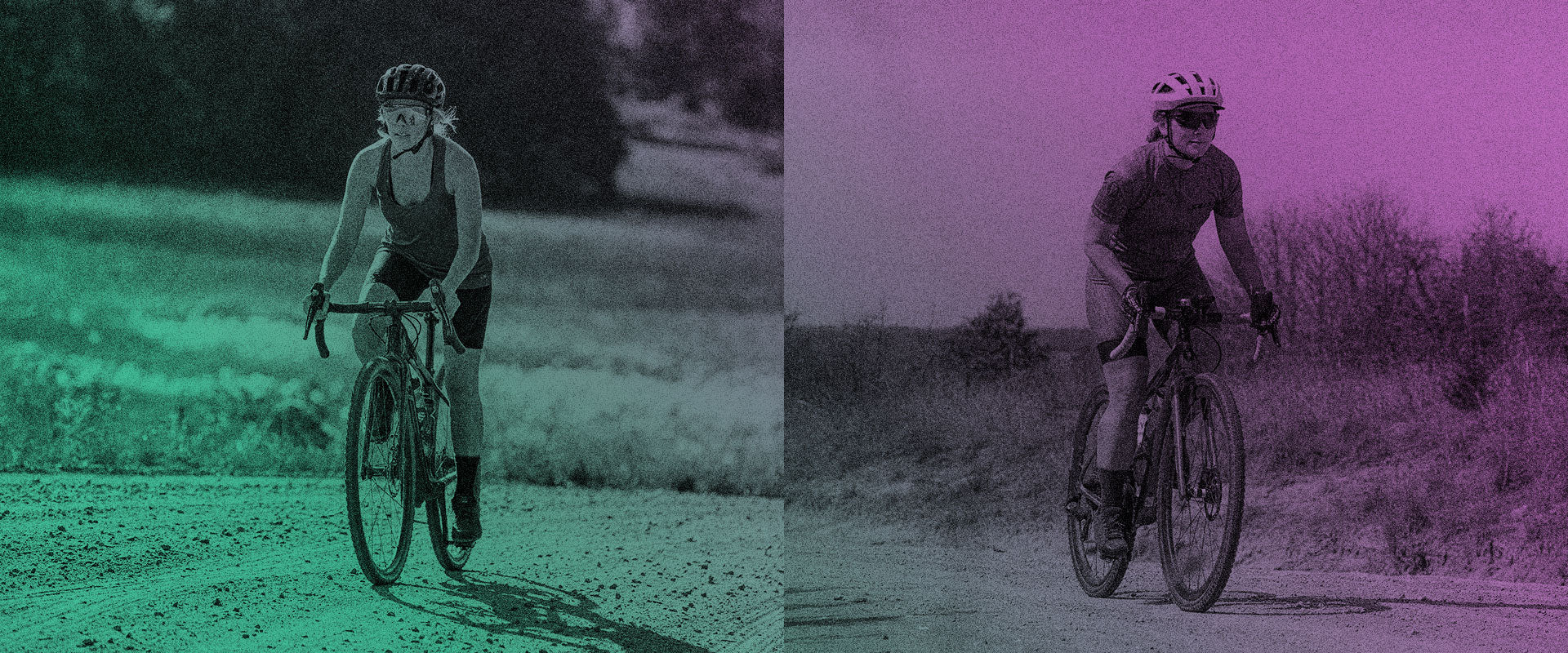 A side-by-side comparison of a cyclist riding on a dirt road, with the left image tinted green and the right image tinted purple.