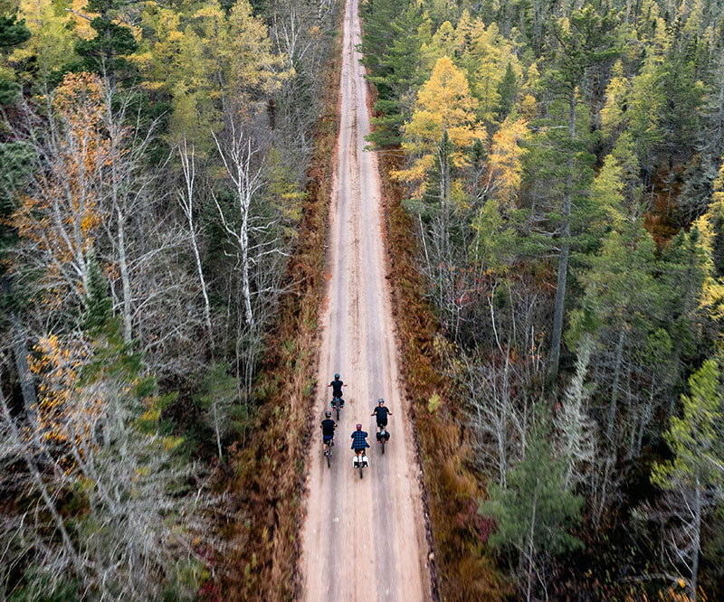 An aerial view of a dirt road running straight through a dense forest with autumn foliage, and several small cyclists riding along the road.
