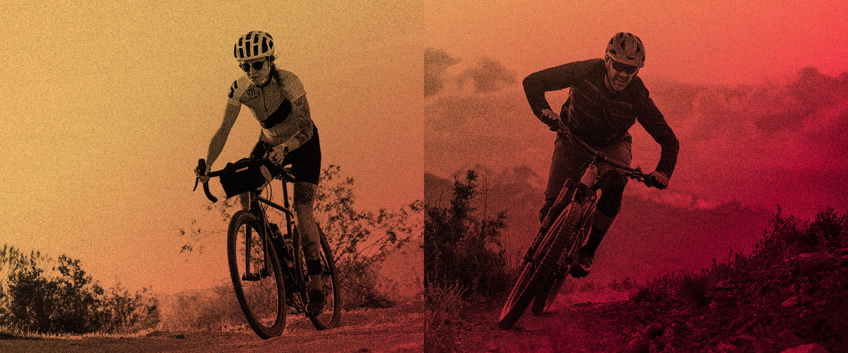 A split-screen lifestyle image showing two cyclists in action on outdoor trails under dramatic warm lighting. The left side shows a cyclist riding on a dirt road with a yellow-orange tint, and the right side shows a mountain biker leaning into a turn with a red-pink tint.