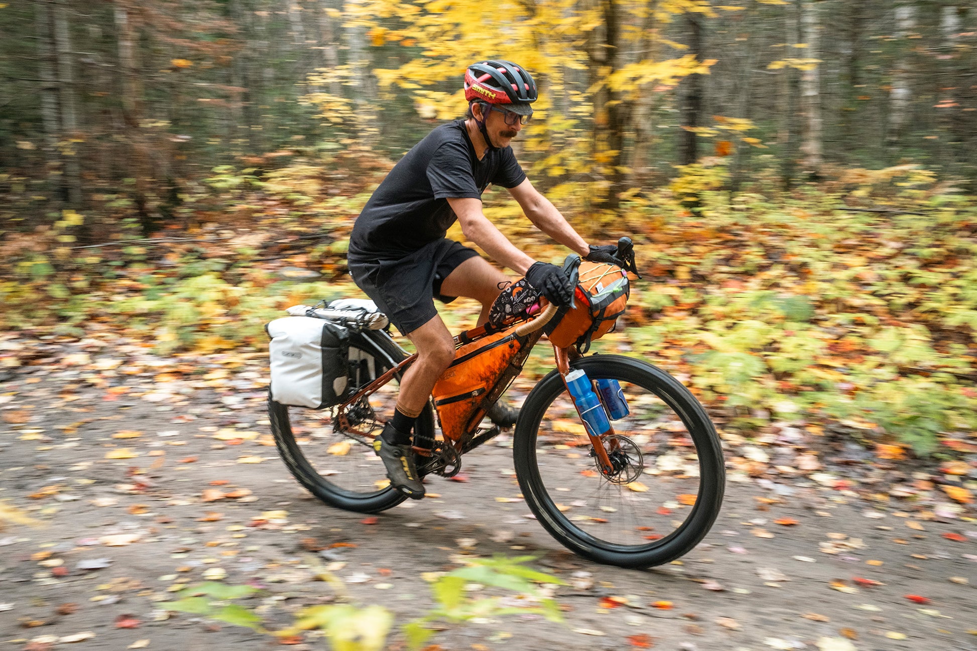 Person riding a bicycle on a forest path with autumn leaves