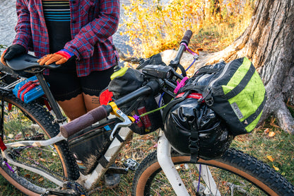 Person with a bicycle loaded with gear near a tree and water