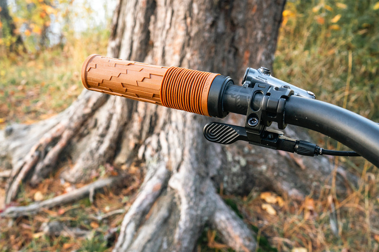Close-up of a bicycle handlebar with brown grips against a natural background