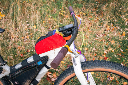 Bicycle with a colorful bag on a grassy background