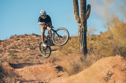 Biker in mid-air over a dirt jump with a cactus in the background