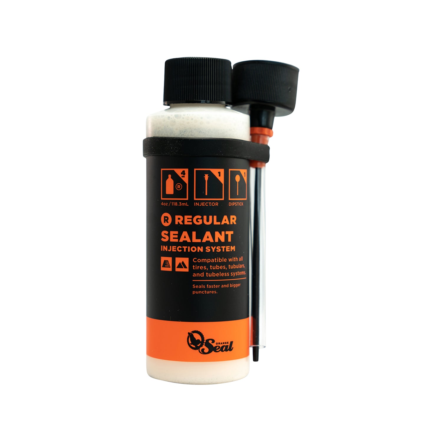 4ounce bottle of Orange Seal tubeless sealant with applicator on a white background