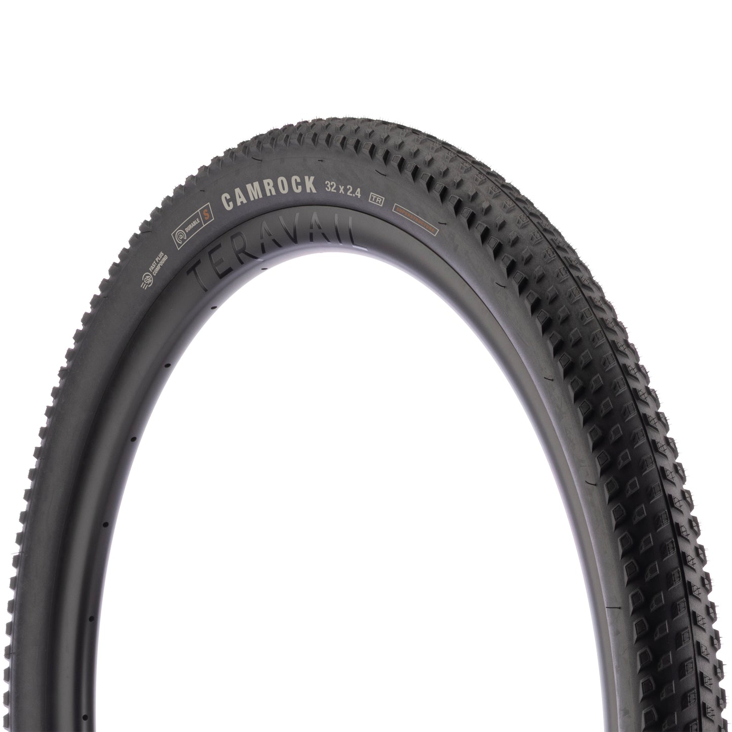 Teravail Camrock 32 Tire with black side wall three-quarter view on white background