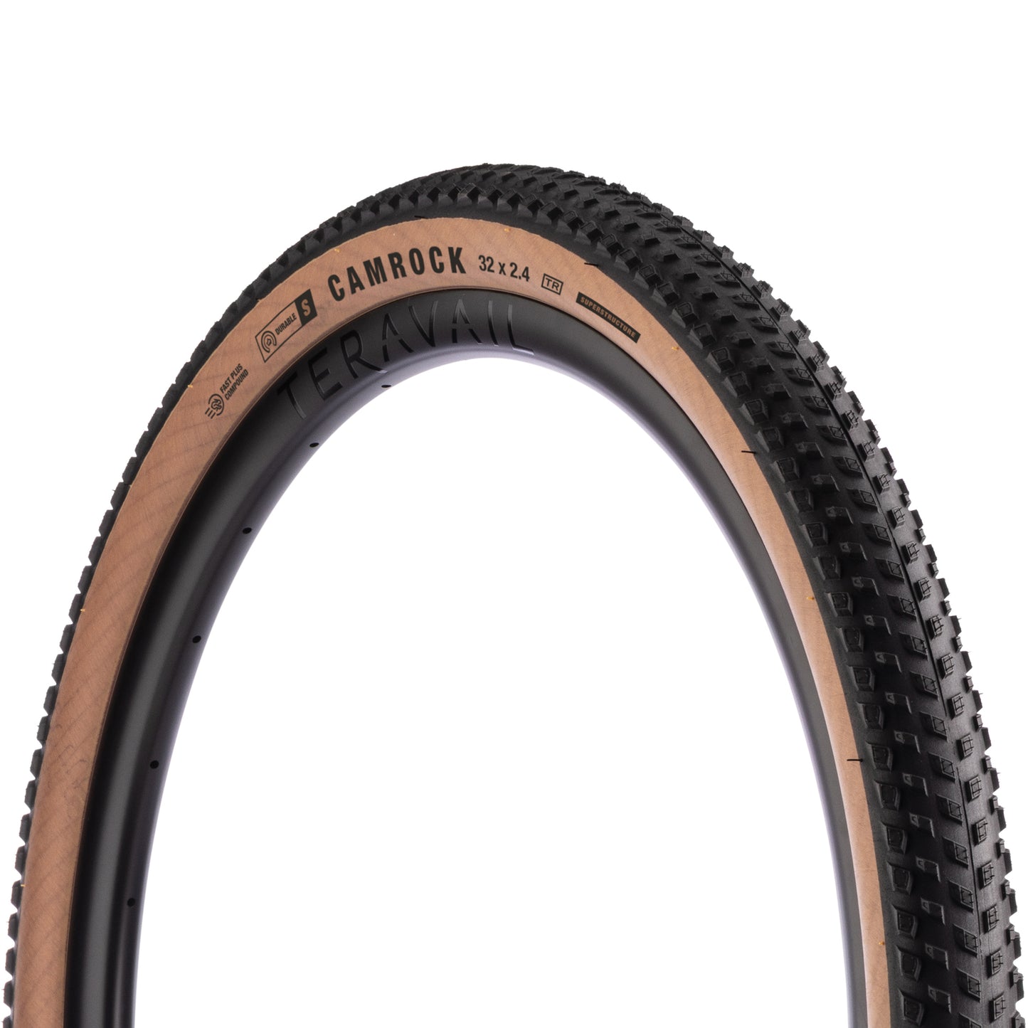 Teravail Camrock 32 Tire with tan side wall three-quarter view on white background
