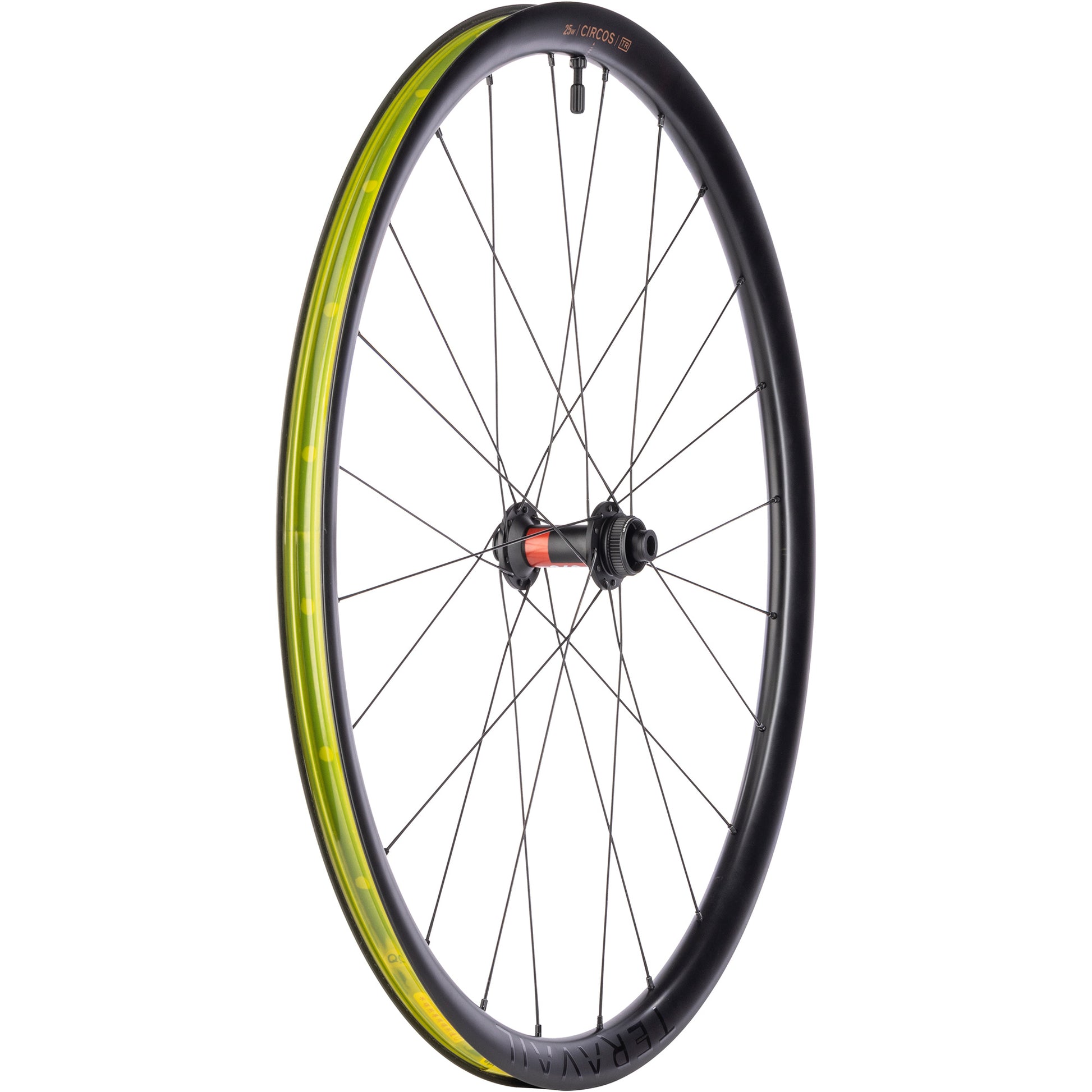Teravail Circos DT 240 Gravel Front Wheel three-quarter view Center-Lock side with tubeless tape and valve on white background
