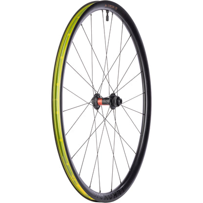 Teravail Circos DT 240 Gravel Front Wheel three-quarter view Center-Lock side with tubeless tape and valve on white background