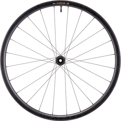 Bicycle wheel with black rim and spokes on a white background