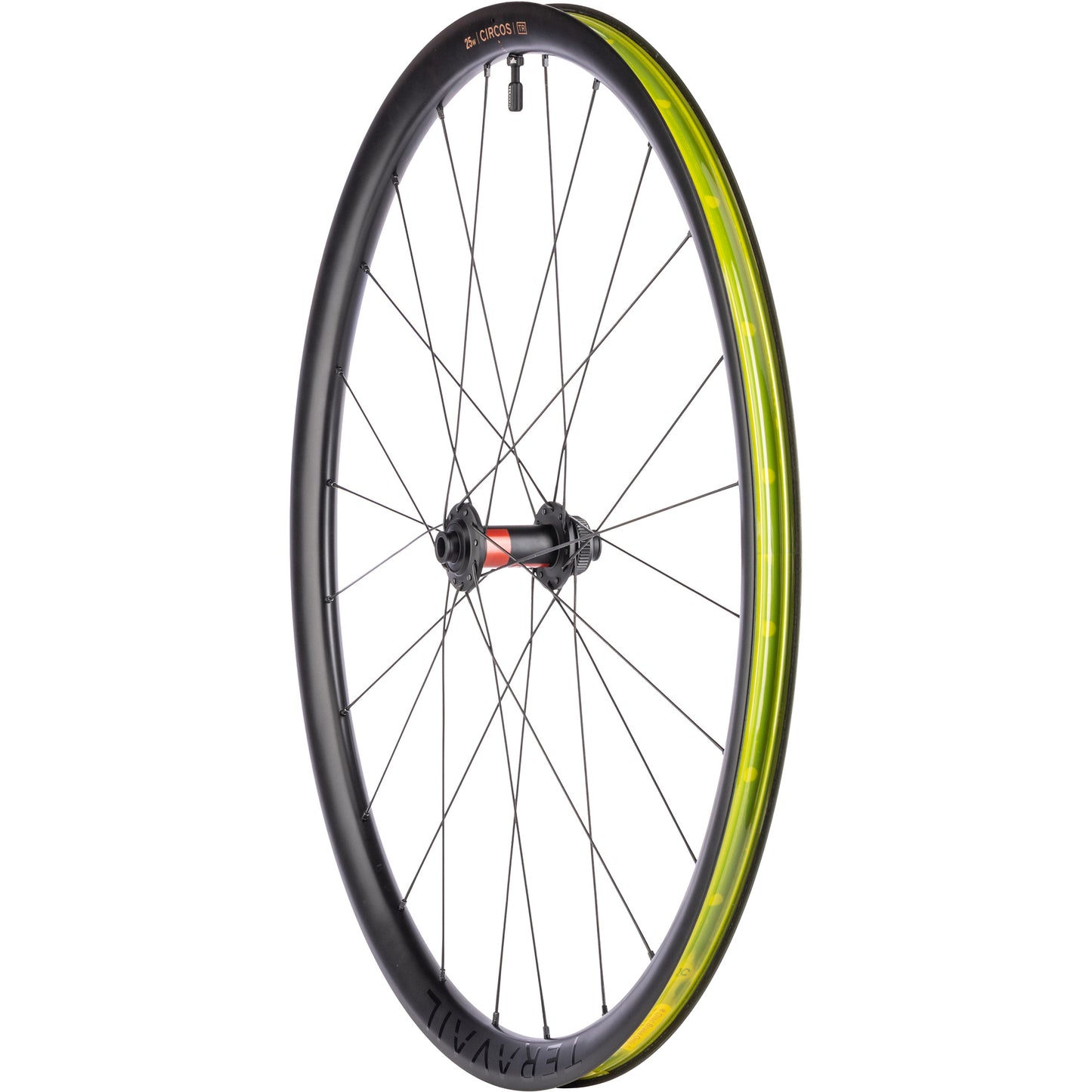 Teravail Circos DT 240 Gravel Front Wheel three-quarter view with tubeless tape and valve on white background