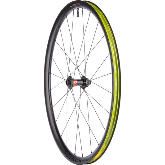 Teravail Circos DT 240 Gravel Front Wheel three-quarter view with tubeless tape and valve on white background