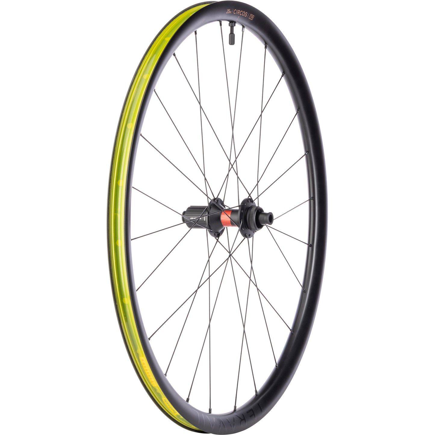 Bicycle wheel with yellow rim and black tire on a white background
