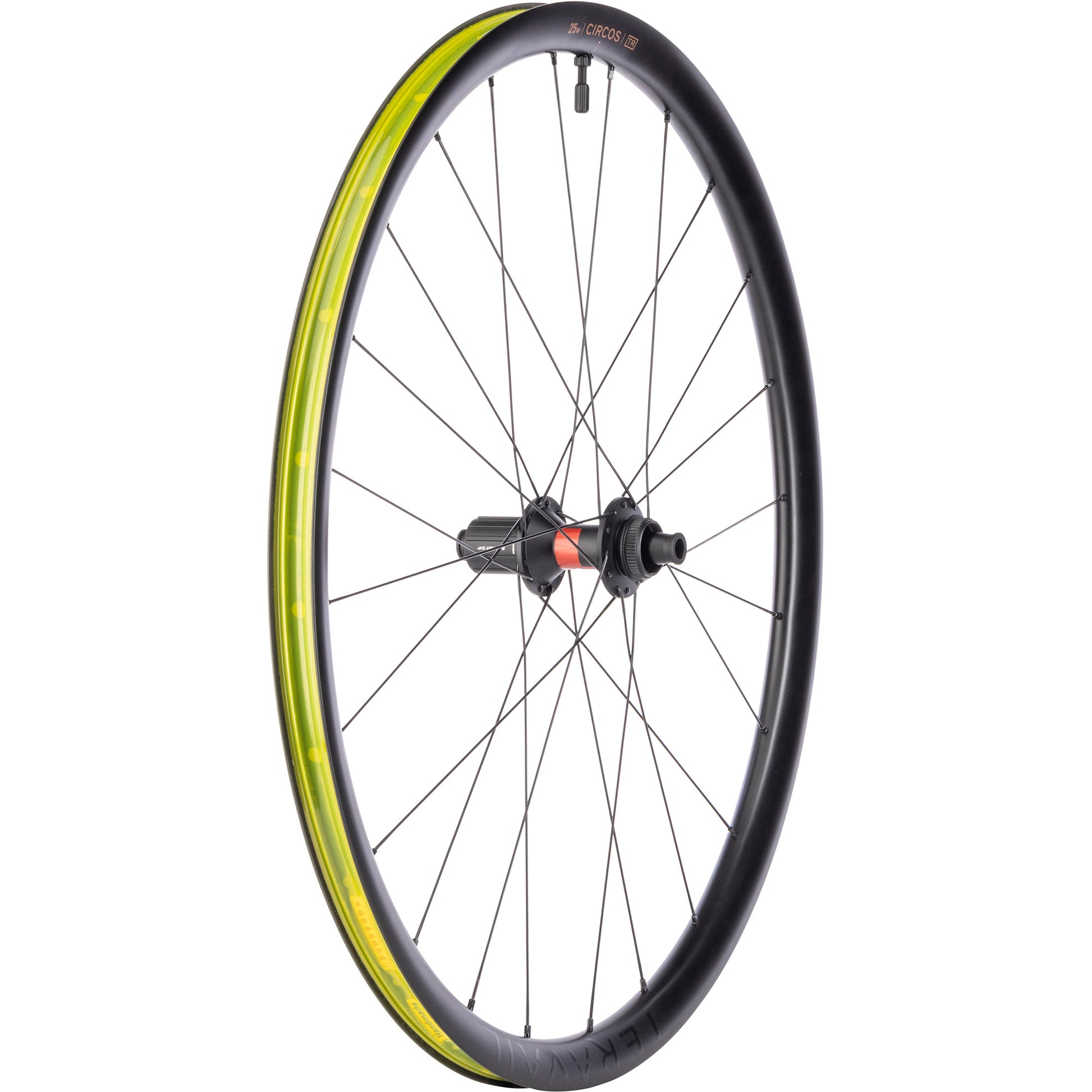 Bicycle wheel with yellow rim and black tire on a white background