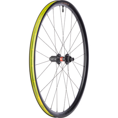 Bicycle wheel with yellow rim and black tire on a white background