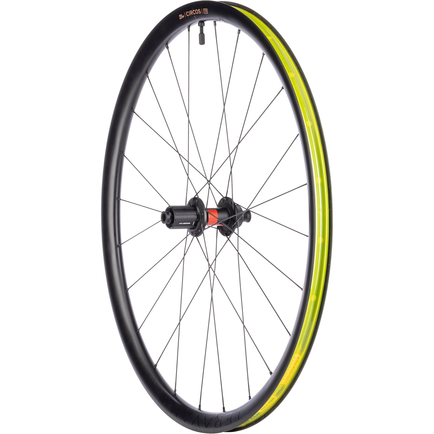 Teravail Circos DT 240 HG Gravel Rear Wheel three-quarter view with tubeless tape and valve on white background