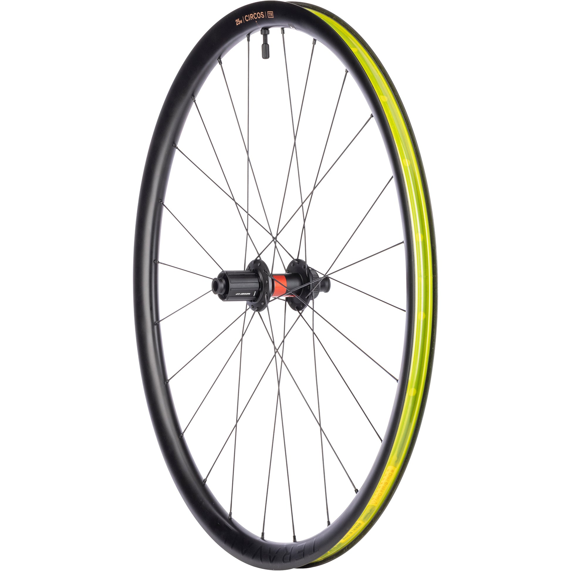 Teravail Circos DT 240 HG Gravel Rear Wheel three-quarter view with tubeless tape and valve on white background