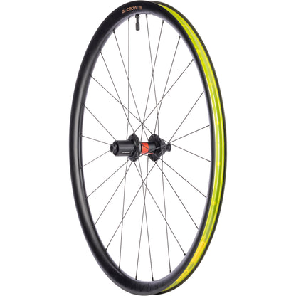 Teravail Circos DT 240 HG Gravel Rear Wheel three-quarter view with tubeless tape and valve on white background