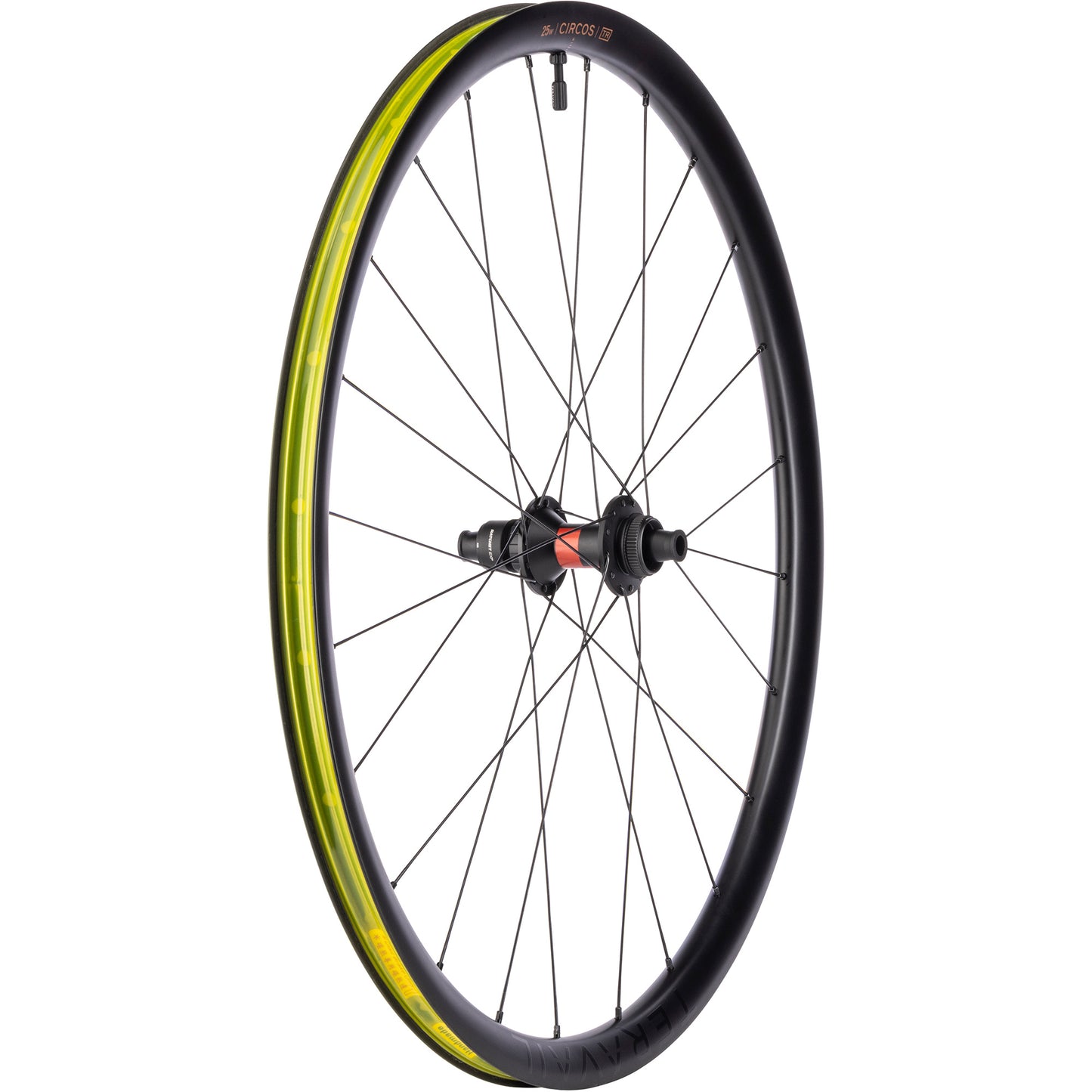 Teravail Circos DT 240 XDR Gravel Rear Wheel three-quarter view with tubeless tape and valve on white background