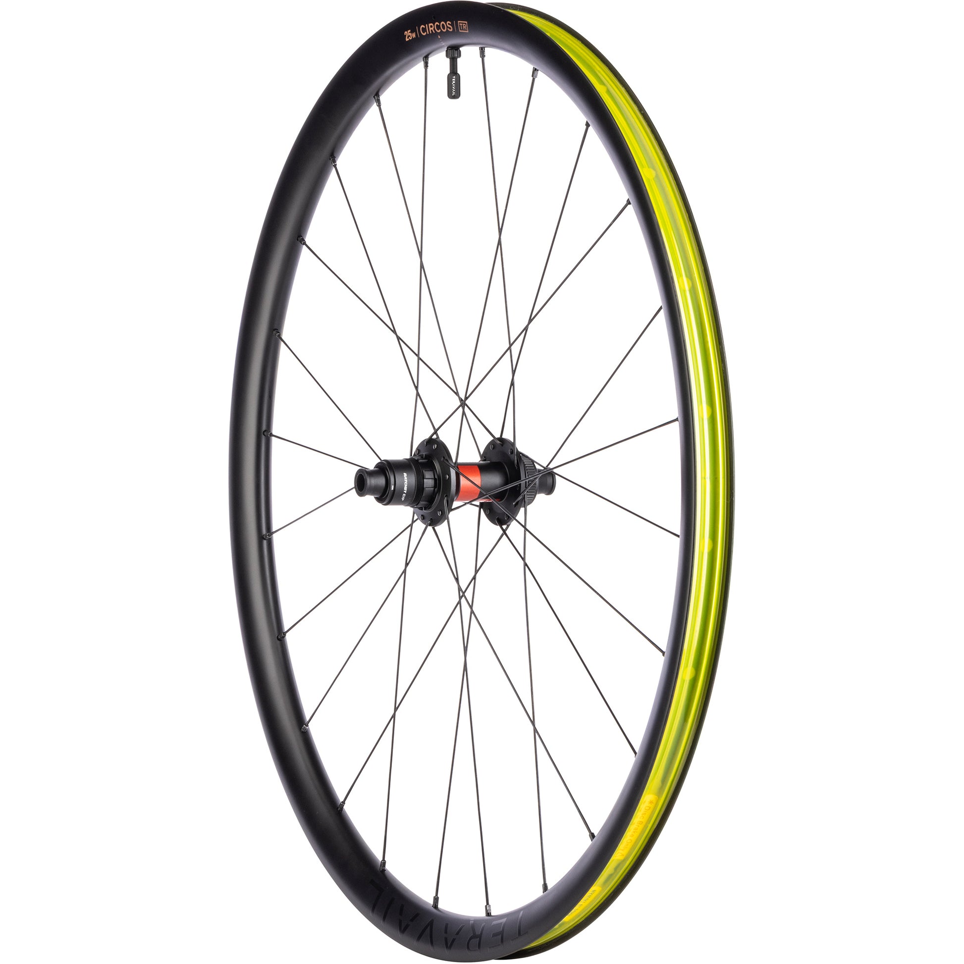 Bicycle wheel with yellow rim and black tire on a white background