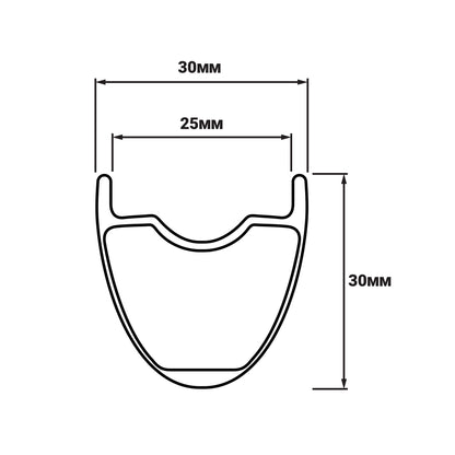Teravail Circos Carbon Gravel Rim cross-section showing internal width of 25mm, external width of 30mm, and depth of 30mm
