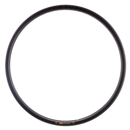 A black carbon fiber bicycle wheel rim shown from the front against a solid white background, featuring small gold and white branding text near the bottom.