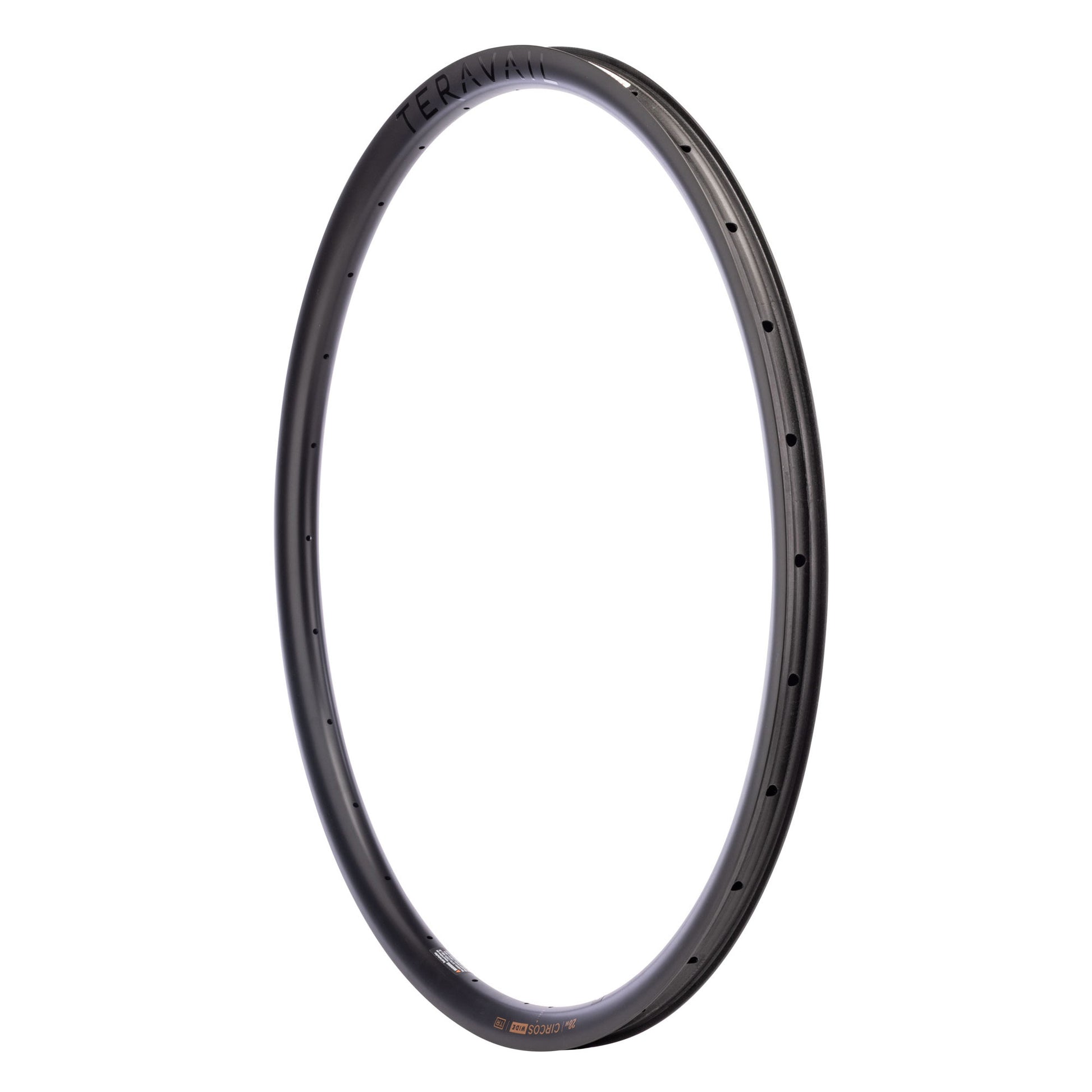A black carbon fiber bicycle wheel rim shown upright against a solid white background, displaying its deep cross-section and spoke holes.